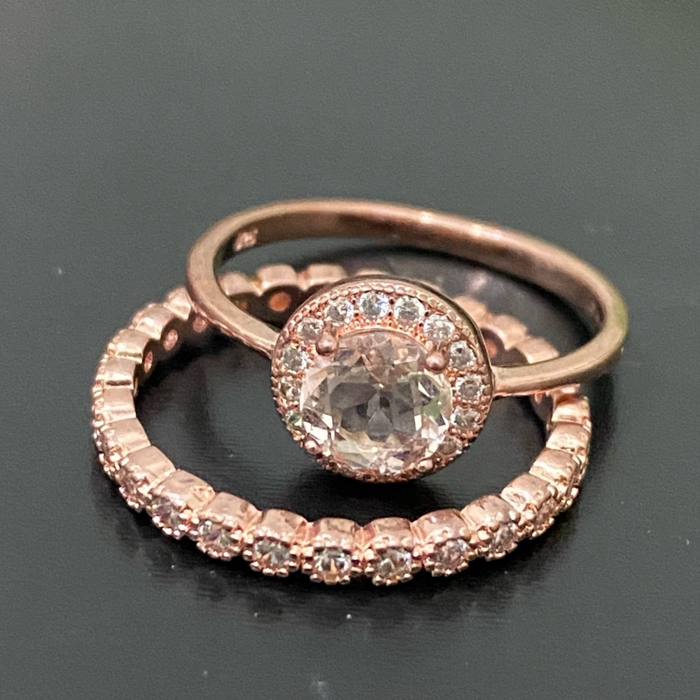 Morganite 925 Rose Gold Solitaire & Eternity Engagement Ring Set Size 7 3g